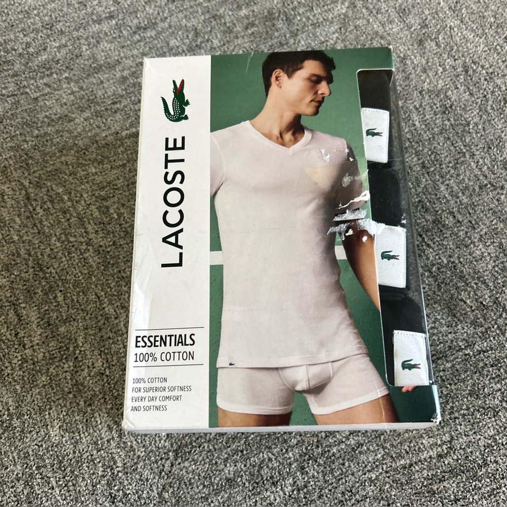 Lacoste 100% Cotton V-Neck Tee Slim Fit- 3 Pack Black- Undershirt- New In Box- M
